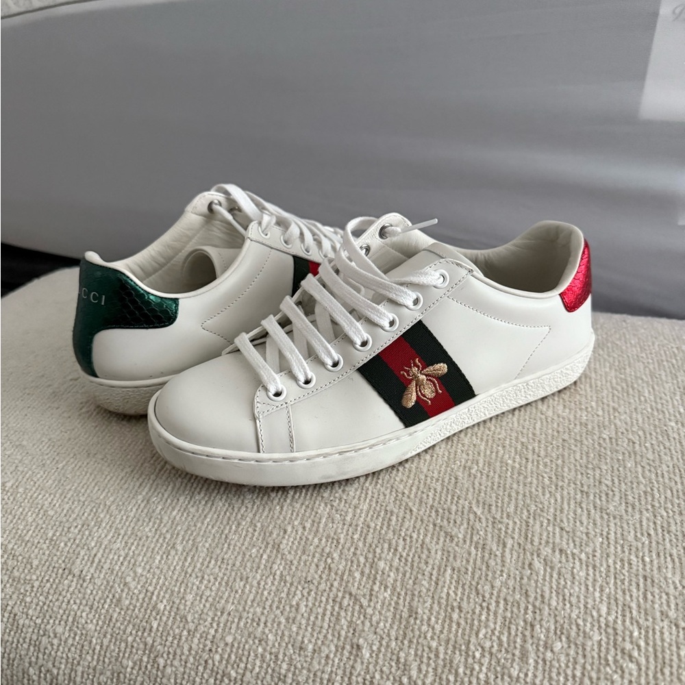 Gucci White Sneakers with Red and Green Accents